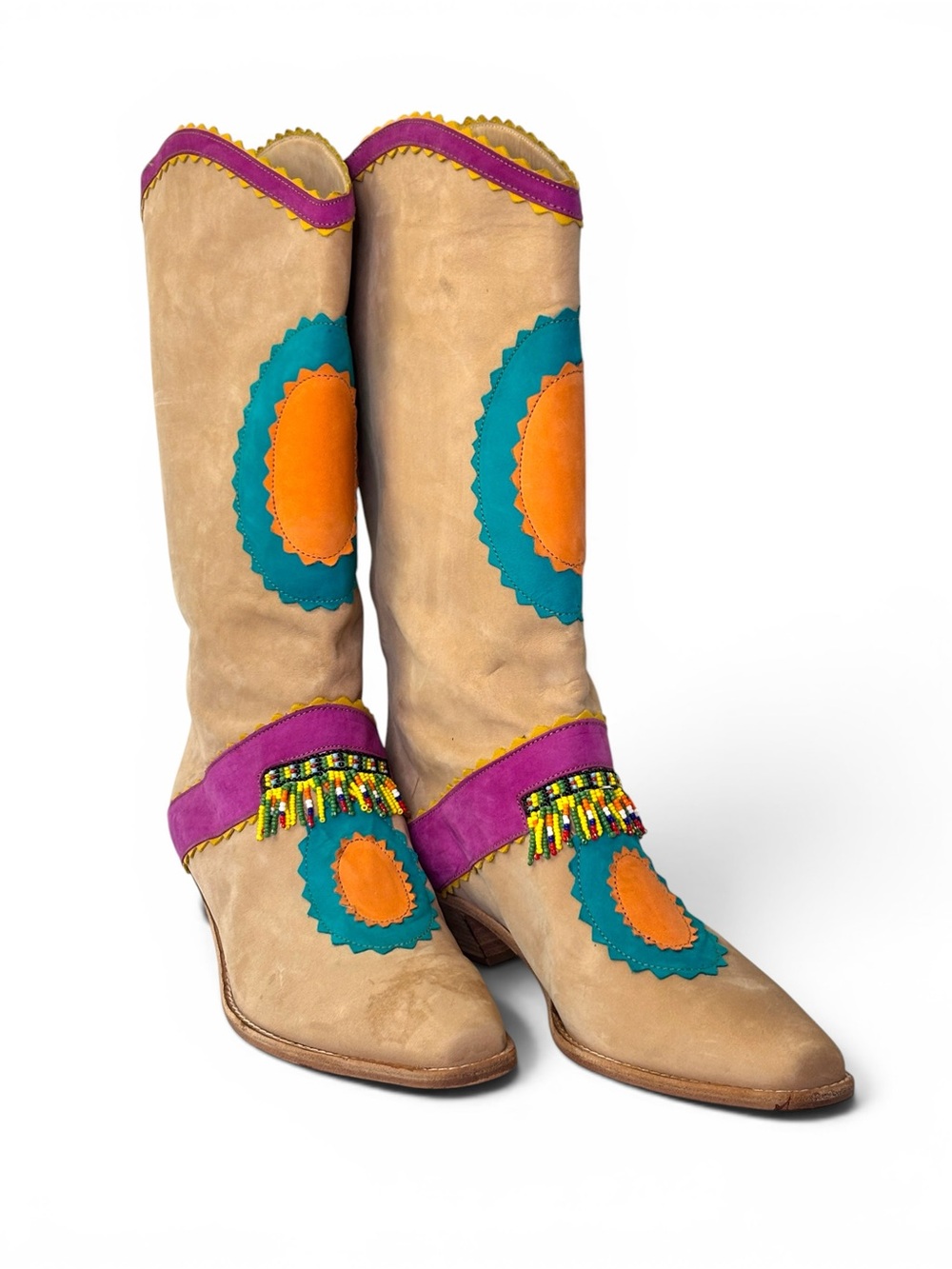 Vintage Biondini Beige Leather Embellished Boots with Turquoise & Orange Accents